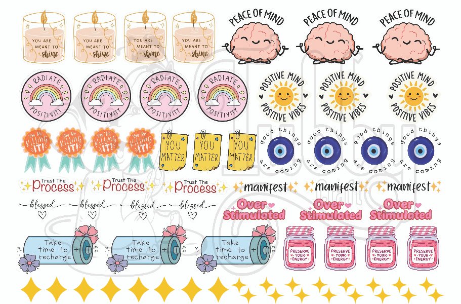 Aelf care and mental wellness UV 3D Stciker sheet with positive affirmations and calming illustrations