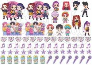 k-pop uv dtf sticker sheet with cute cartoon characters, music icons and colourful elements