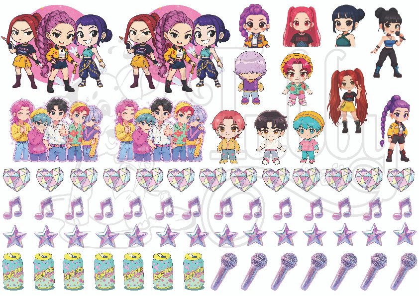 k-pop uv dtf sticker sheet with cute cartoon characters, music icons and colourful elements