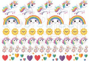 A4 sheet of mystical retro cosmic aesthetic UV DTF 3D raised transfer stickers with sun moon mushrooms butterflies good vibes borders for water bottles laptops journals by Tubby Craft.