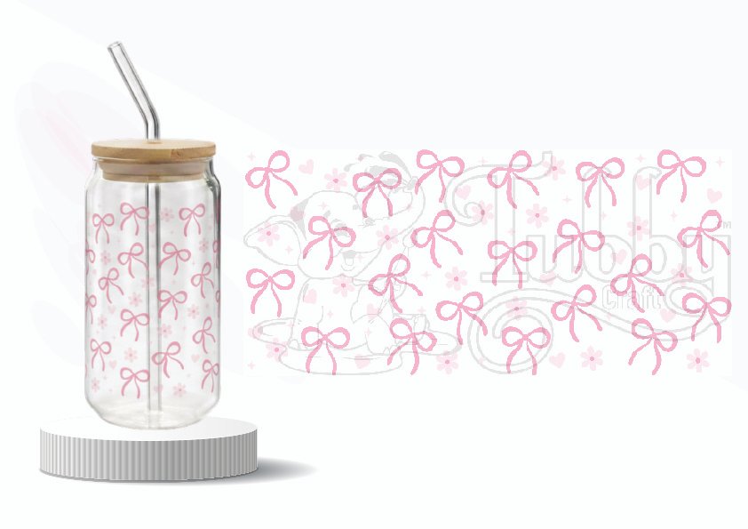 Pink Bow Pattern Wraparound UV DTF Sticker wih hearts and flowers