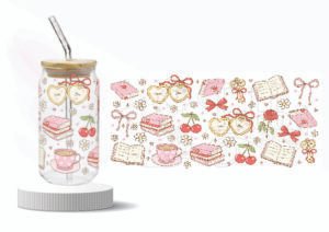 Cute Study & Café Aesthetic Wraparound UV DTF Sticker with books bows cherry hearts