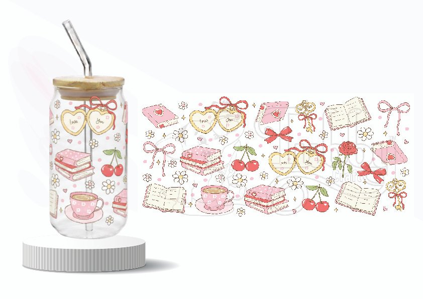 Cute Study & Café Aesthetic Wraparound UV DTF Sticker with books bows cherry hearts