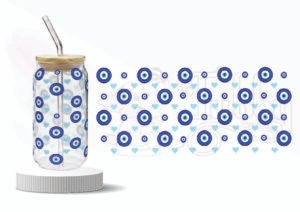 Blue evil eye pattern wraparound UV DTF sticker for glass tumbler – 9.5x4 inches evil eye tumbler wrap, evil eye uv dtf sticker, nazar bottle wrap, blue evil eye wrap sticker, aesthetic tumbler decal, uv dtf wraparound sticker india
