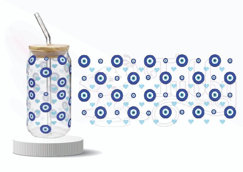 Blue evil eye pattern wraparound UV DTF sticker for glass tumbler – 9.5x4 inches evil eye tumbler wrap, evil eye uv dtf sticker, nazar bottle wrap, blue evil eye wrap sticker, aesthetic tumbler decal, uv dtf wraparound sticker india