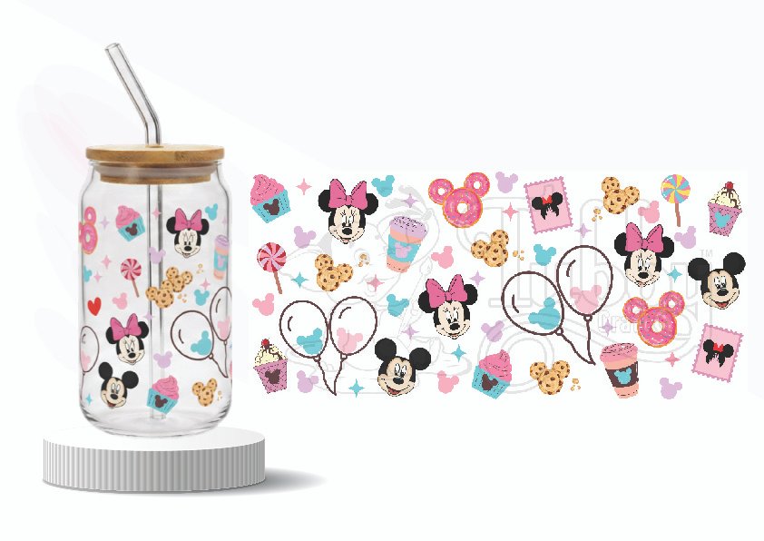 cute cartoon tumbler wrap, pastel minnie mouse bottle sticker, cartoon mouse uv dtf wrap, kids glass can wrap sticker, birthday gift bottle wrap, pastel tumbler decal, uv dtf wraparound sticker india, cute kids drinkware sticker