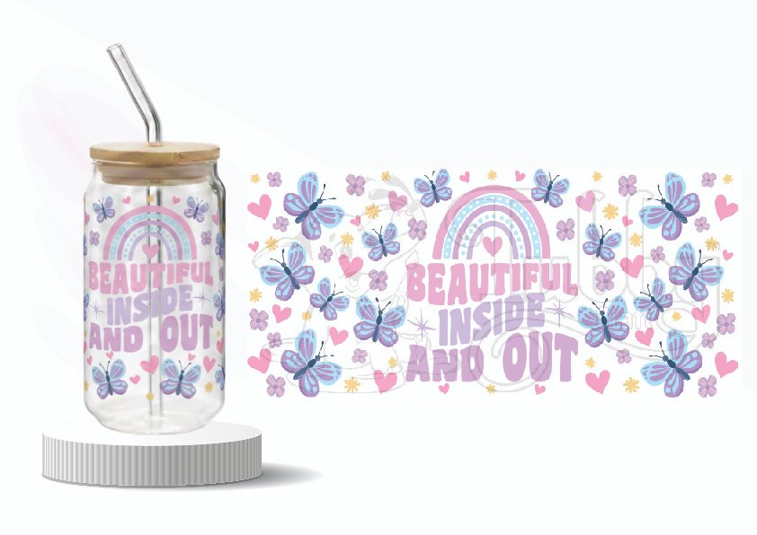 Beautiful Inside and Out" wraparound UV DTF sticker for glass tumbler featuring purple butterflies and a pastel rainbow – 9.5 × 4 inches