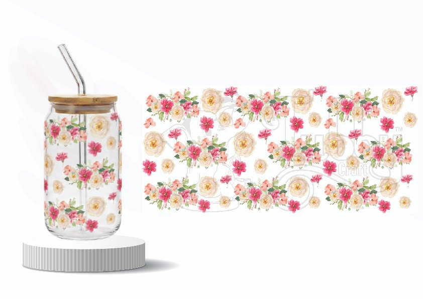 Watercolor pink and cream floral wraparound UV DTF sticker for 16oz glass tumbler – 9.5 × 4 inches.