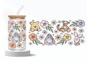 pooh and friends wraparound stickers which is so cute and has flowers and piglet cute animal tumbler wrap, floral uv dtf wrap sticker, kids bottle wrap design, bear tiger donkey sticker, pastel floral tumbler wrap, kids gift drinkware decal, uv dtf wraparound sticker india Cute bear, tiger and donkey floral theme wraparound UV DTF sticker for glass can and kids water bottle – 9.5x4 inches