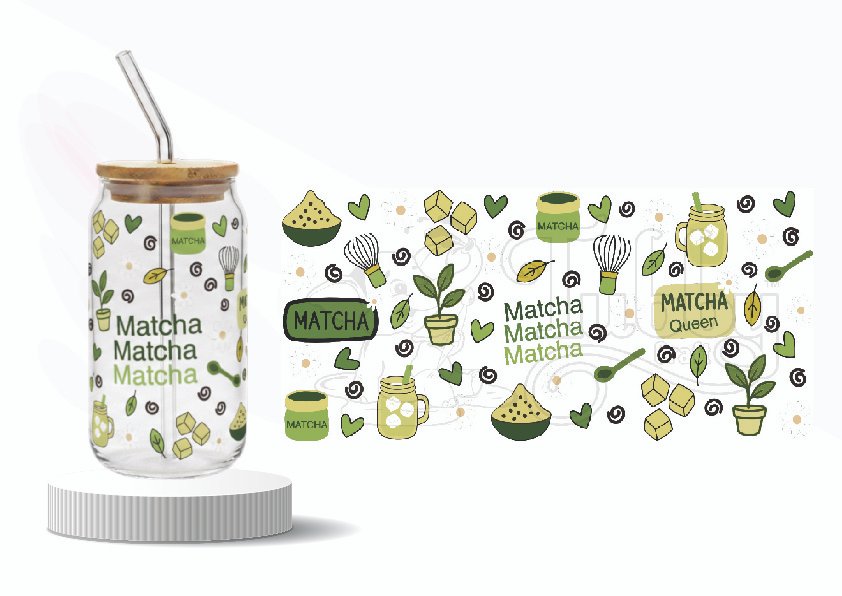 Matcha theme wraparound UV DTF sticker for glass can tumbler and water bottle – 9.5x4 inches matcha tumbler wrap, matcha uv dtf wrap sticker, green tea bottle wrap, matcha lover sticker, cafe theme tumbler decal, uv dtf wraparound sticker india