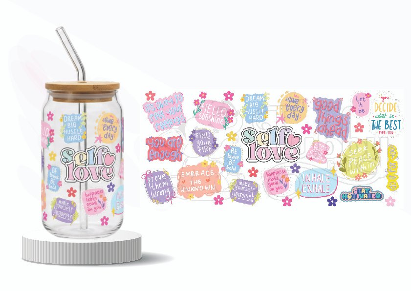 self love tumbler wrap, affirmation uv dtf sticker, motivational quote tumbler wrap, positive vibes bottle sticker, glass can wrap decal, mental health affirmation sticker, colorful tumbler wrap india, uv dtf wraparound sticker