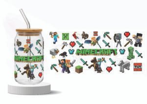 Minecraft adventure wraparound UV DTF sticker for glass tumbler featuring Steve, Alex, Creepers, and pixelated tools – 9.5 × 4 inches.