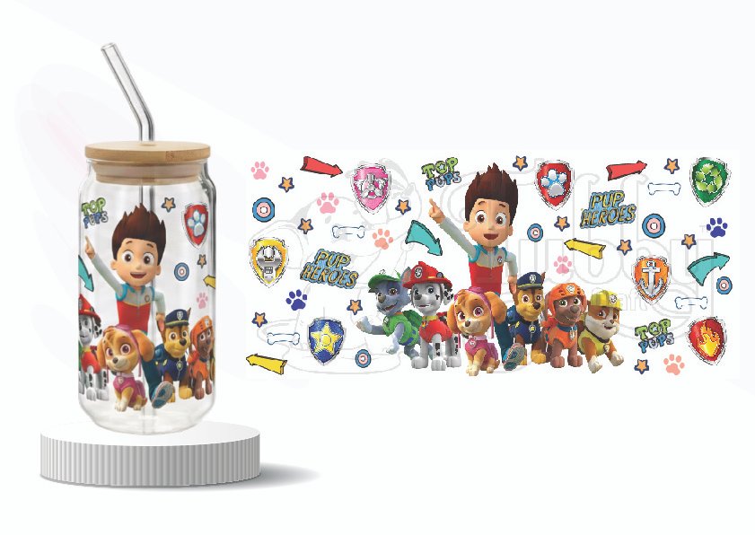 kids cartoon tumbler wrap, paw patrol theme bottle sticker, cartoon pup heroes uv dtf wrap, kids water bottle wrap sticker, birthday return gift bottle sticker, kids tumbler decal, uv dtf wraparound sticker india, cartoon character tumbler wrap