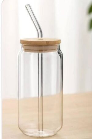 540ml Glass Tumbler with Wooden Lid & Glass Straw
