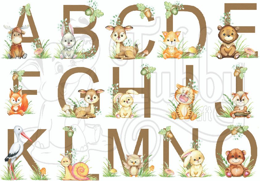 A4 sheet of animal alphabet adventure A to O UV DTF 3D raised transfer stickers with alligator bear cat elephant giraffe lion educational decals and animal face borders for water bottles laptops journals by Tubby Craft.