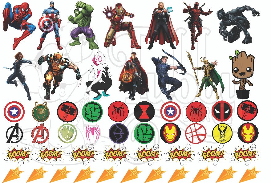 A4 sheet of Marvel superhero aesthetic UV DTF 3D raised transfer stickers with action poses of Spider-Man Hulk Iron Man Deadpool emblems boom comic sound effects gold stars by Tubby Craft.