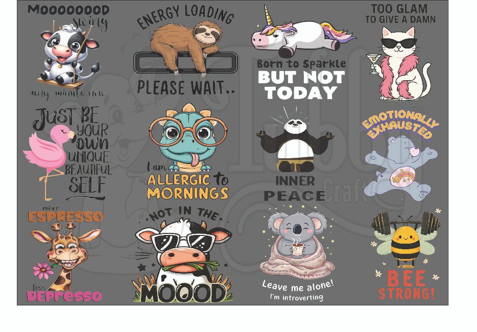 A4 sheet of purple sarcastic aesthetic UV DTF 3D raised transfer stickers with relatable quotes drama era decal delusional spill the tea mug energy saving mode succulent by Tubby Craft.