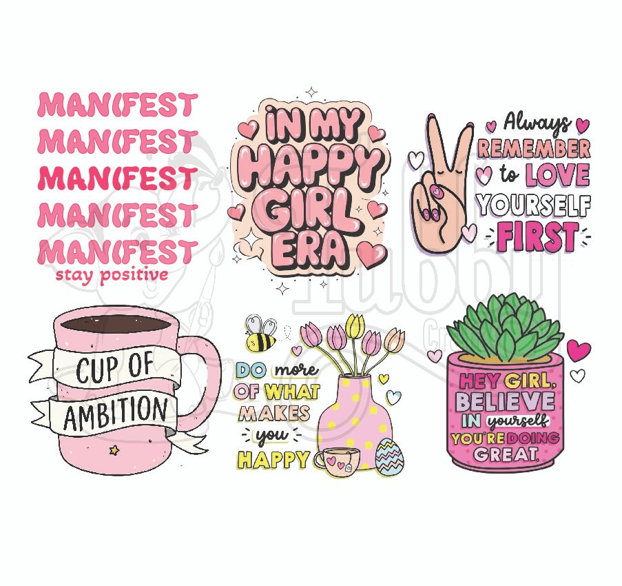 A4 sheet of pink manifestation aesthetic UV DTF 3D raised transfer stickers with affirmations, happy girl era decal, self-love quotes, cup of ambition mug, succulent plant by Tubby Craft.