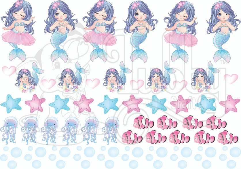 A4 sheet of ocean fantasy aesthetic UV DTF 3D raised transfer stickers with chibi mermaids in tutus, jellyfish, clownfish, starfish, bubble border by Tubby Craft.