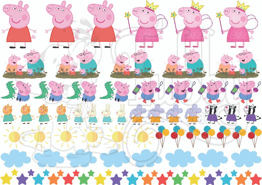 A4 sheet of playful pig character aesthetic UV DTF 3D raised transfer stickers with main characters family friends animal decals smiley border for water bottles laptops journals by Tubby Craft. Peppa Pig