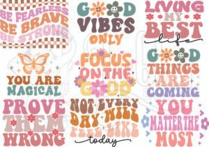 A4 sheet of mystical spiritual aesthetic UV DTF 3D raised transfer stickers with self-love affirmations manifestation repeats stay wild child happy healing era quotes celestial stars lightning border for water bottles laptops journals by Tubby Craft.