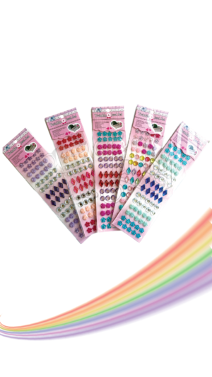 Five vertical sheets of "Twinkle & Jewel Seal" dimensional stickers arranged in a fan shape against a black background. The sheets feature assorted self-adhesive craft jewels in vibrant colors like purple, red, teal, pink, and blue, including shapes like faceted diamonds, tiny roses, flowers, and round rhinestones.