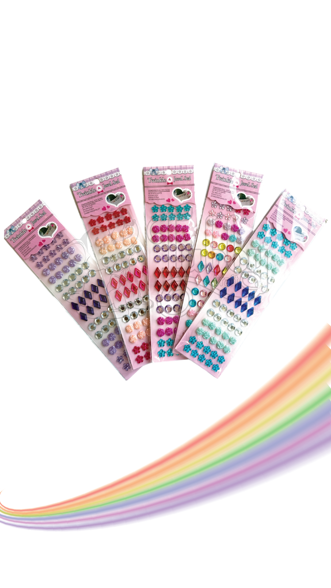 Five vertical sheets of "Twinkle & Jewel Seal" dimensional stickers arranged in a fan shape against a black background. The sheets feature assorted self-adhesive craft jewels in vibrant colors like purple, red, teal, pink, and blue, including shapes like faceted diamonds, tiny roses, flowers, and round rhinestones.