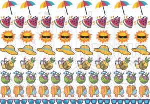 A4 sheet of summer aesthetic UV DTF 3D raised transfer stickers with chibi mermaids, jellyfish, clownfish, starfish, ice cream, cherries borders for bottles, laptops by Tubby Craft.