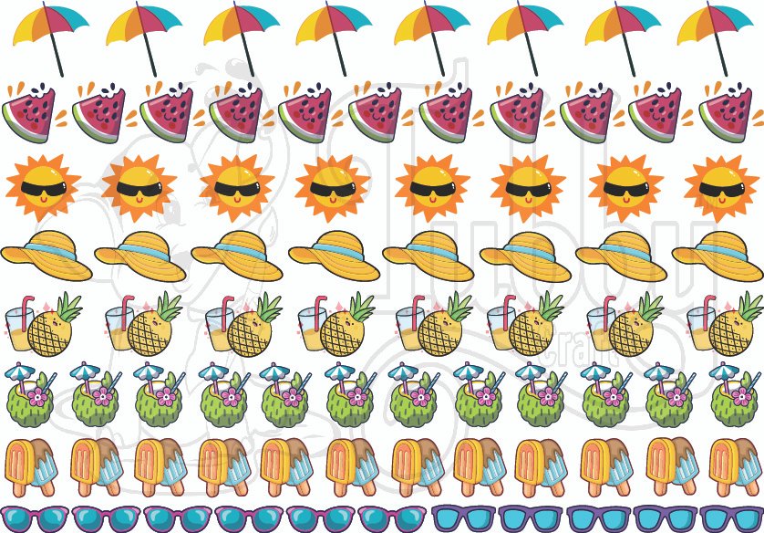 A4 sheet of summer aesthetic UV DTF 3D raised transfer stickers with chibi mermaids, jellyfish, clownfish, starfish, ice cream, cherries borders for bottles, laptops by Tubby Craft.