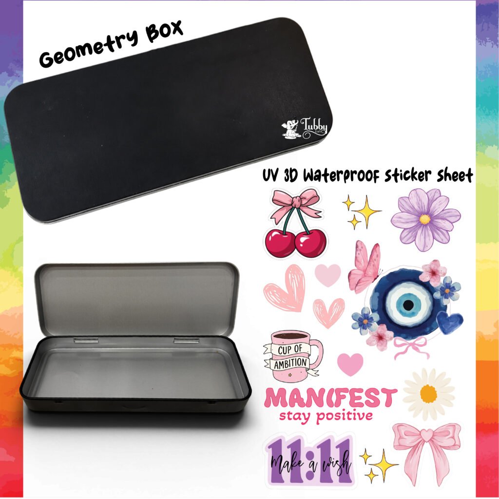 Tubby Crafts DIY geometry box kit showcasing a sleek, minimalist matte black metal tin container (both closed and open views) alongside a sheet of UV 3D waterproof stickers containing protective evil eye designs, pastel flowers, cherry bows, and positive affirmations such as '11:11 Make a wish' and 'MANIFEST stay positive