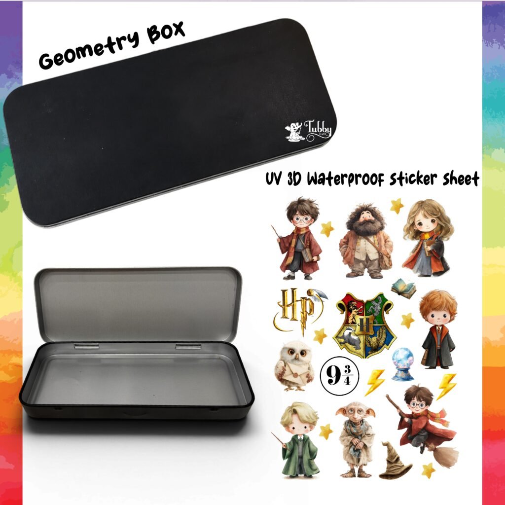 Tubby Crafts DIY geometry box kit from the file geometry box_harry.jpg, showcasing a sleek matte black metal tin container (both closed and open views) next to a sheet of UV 3D waterproof stickers. The sticker sheet features cute chibi-style wizarding characters, a four-quadrant school crest, Hedwig the owl holding a letter, the Platform 9 3/4 logo, lightning bolts, gold stars, and a wizard flying on a broomstick.