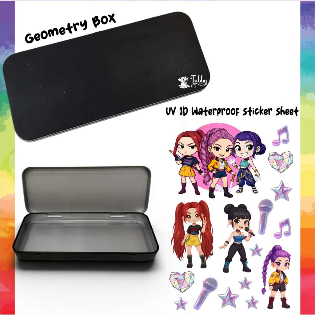 Tubby Crafts DIY geometry box kit from the file geometry box_kpop.jpg, showing a sleek matte black metal tin container displayed both open and closed next to a sheet of UV 3D waterproof stickers. The sticker sheet displays cute, fierce chibi-style pop star idols with colorful hair (purple, red, and black) in trendy stage outfits, alongside glittery microphones, pastel purple musical notes, holographic stars, and geometric crystal hearts.