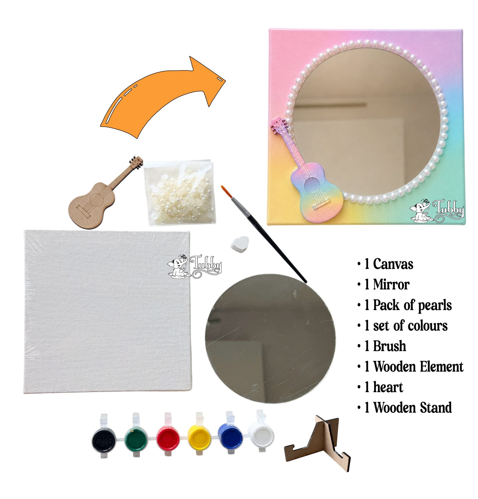 A product layout image showing a DIY craft kit from Tubby Arts. The unmade materials include a 6 by 6 inch white canvas, a round mirror, a bag of faux pearls, a set of 6 paint pots, a brush, a mini wooden guitar cutout, a small wooden heart, and a desktop stand. An arrow points to the finished sample, which features a pastel rainbow painted canvas, a pearl-trimmed mirror, and a colorful painted guitar element, as seen in mirror guitar canvas.jpg.