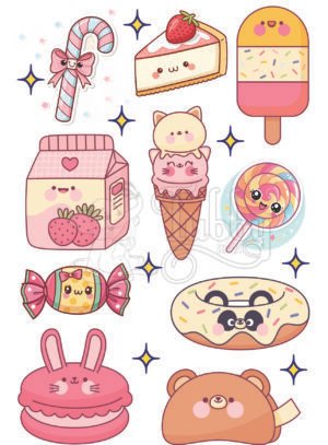 Cute Kawaii Desserts UV 3D Waterproof Stickers Sheet – Candy, Cake, Ice Cream, Donut, Macaron & Sweet Food Decals