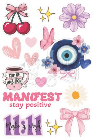 Aesthetic Pink UV 3D Waterproof Sticker Sheet – Cherry, Evil Eye, Butterfly, Floral & Cute Decorative Decals