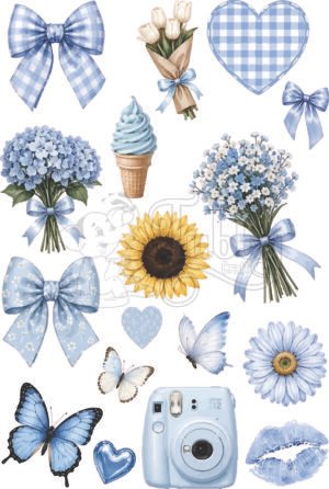 Blue Aesthetic Floral 3D Waterproof Sticker Sheet | Butterfly, Bow & Flower Decorative Stickers for Cups, Journals & DIY Crafts