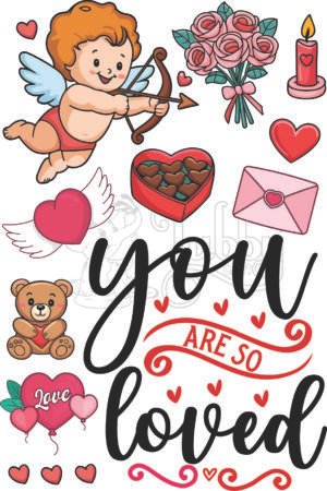 Valentine Love UV 3D Waterproof Stickers Sheet | Cupid, Hearts, Roses & Teddy Vinyl Decals for Laptop, Phone, Bottle & Journal