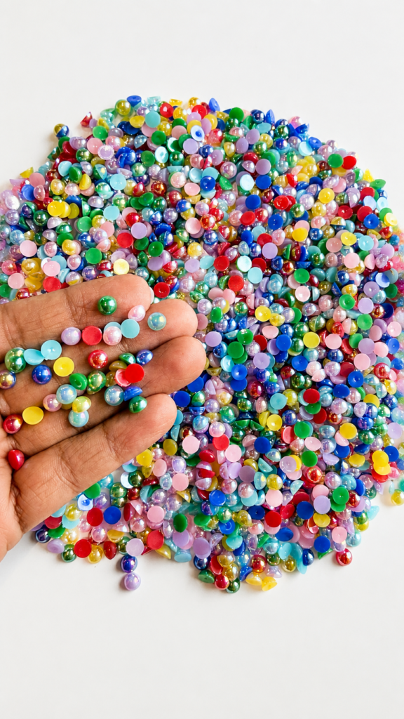 A 100g pile of vibrant, multi-colored flatback half-pearls spread on a white surface, with a hand holding a small handful of the iridescent, glossy craft beads to showcase their size and shiny finish.