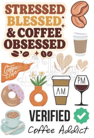 Coffee Lover UV 3D Waterproof Stickers Sheet – Aesthetic Coffee Quotes, Donut, Coffee Mug & Café Theme Decorative Stickers
