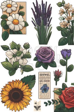 Floral Garden UV 3D Waterproof Stickers Sheet | Vintage Flower, Rose, Sunflower & Lavender Vinyl Decals for Journals & Crafts