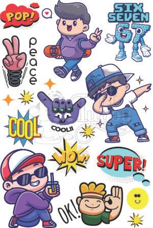 Cool Boys UV 3D Waterproof Stickers Sheet – Cartoon Characters, Pop Art, Peace Sign & Fun Graphic Decals