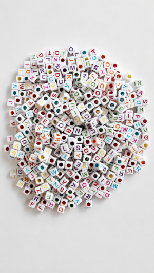 A 100g pile of white square cube alphabet beads with a center hole for stringing, arranged on a plain white background. Each acrylic bead features an indented letter from A to Z printed in various bright colors like red, blue, purple, yellow, and green.