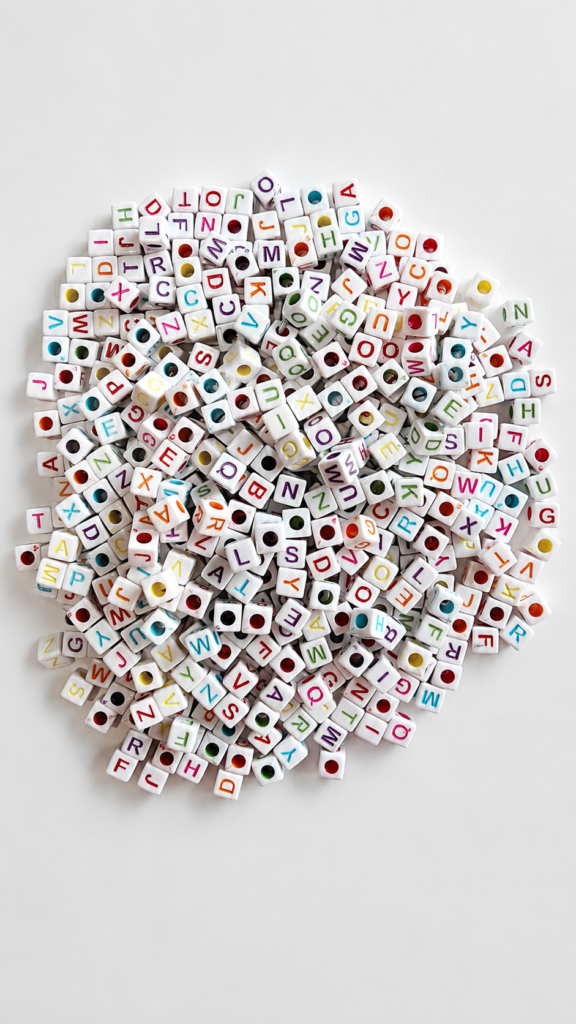 A 100g pile of white square cube alphabet beads with a center hole for stringing, arranged on a plain white background. Each acrylic bead features an indented letter from A to Z printed in various bright colors like red, blue, purple, yellow, and green.