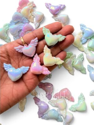 Cute Angel Wing Heart Shape Embellishments – Assorted Pastel Colors, DIY Craft & Decoration Accessories (Pack of 10 Pcs)