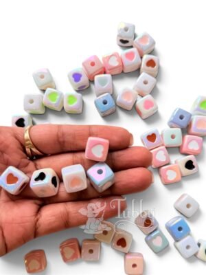 Square Cube Beads – Assorted Colors & Heart/Dot Designs, DIY Craft Beads for Keychains, Bracelets & Jewelry Making (Pack of 10 Pcs)