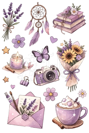 Purple Aesthetic UV 3D Sticker Sheet – Cozy Vintage & Floral Designs