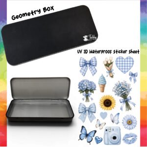Blue Aesthetic Geometry Box DIY Kit – Custom Black Metal Pencil Case with UV 3D Stickers