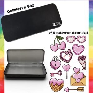 Pink Heart Aesthetic Icons Geometry Box DIY Kit – Custom Black Metal Pencil Case with UV 3D Stickers