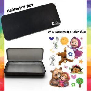 Masha and the Bear Theme Geometry Box DIY Kit – Custom Black Metal Pencil Case with UV 3D Stickers