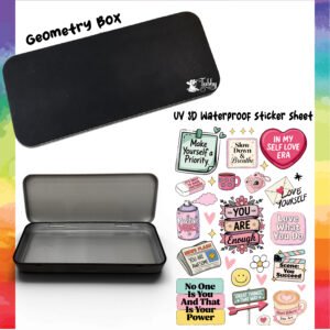 Self-Love & Positivity Theme Geometry Box DIY Kit – Premium Custom Black Metal Pencil Case with UV 3D Stickers